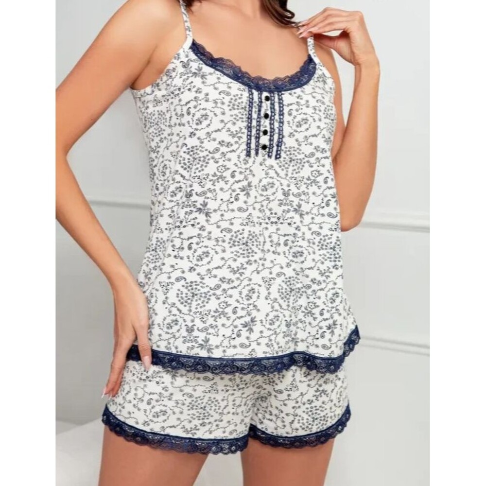 Womens L White Floral Print Knit Cami Shorts Pajama Set Lace Trim PJ set Comfy